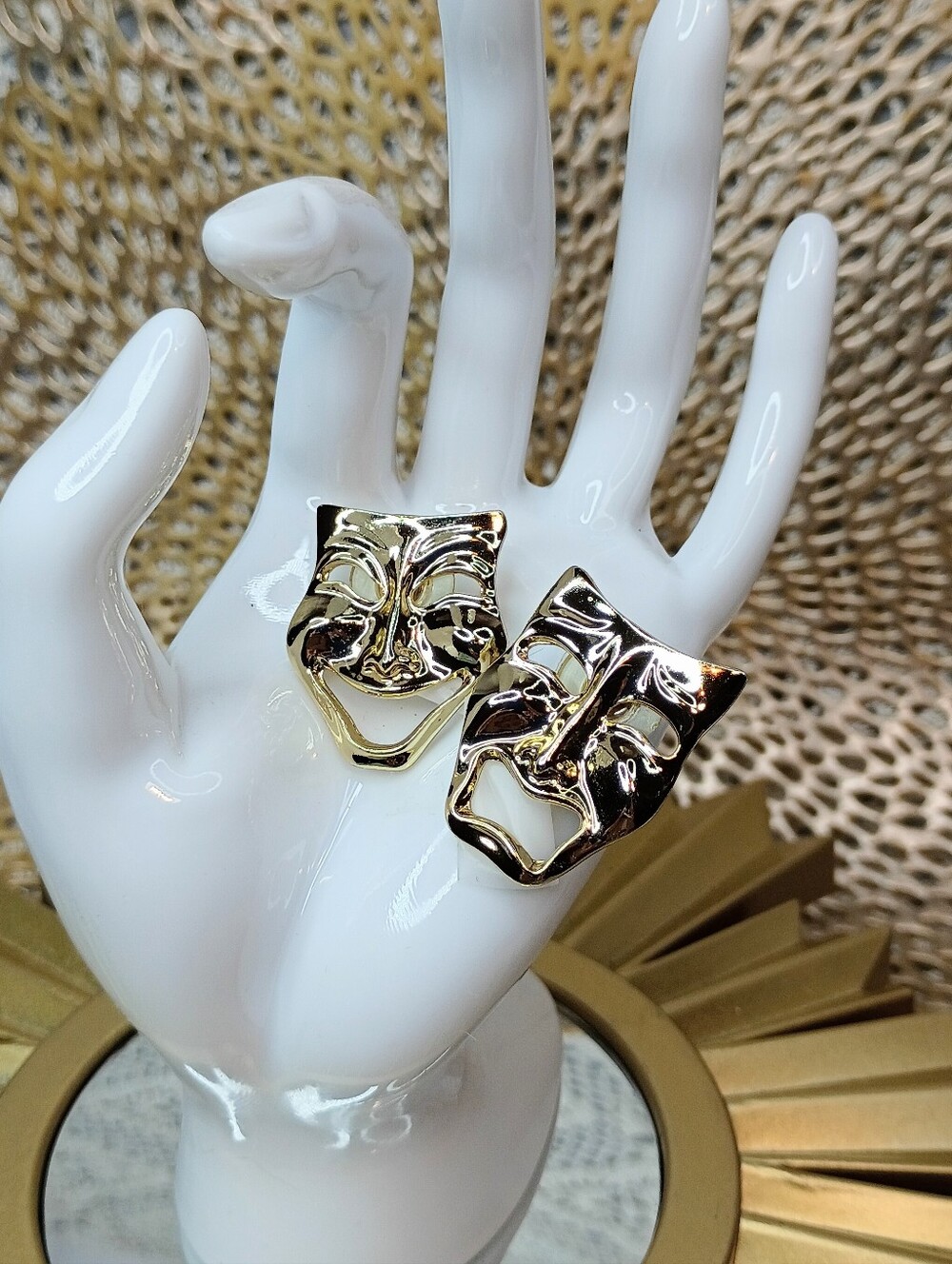 Gold Theatrical Comedy/Tragedy Mask Statement Earrings